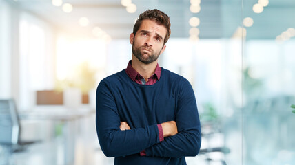 Confused, thinking and businessman in office with arms crossed, doubt or question in creative...
