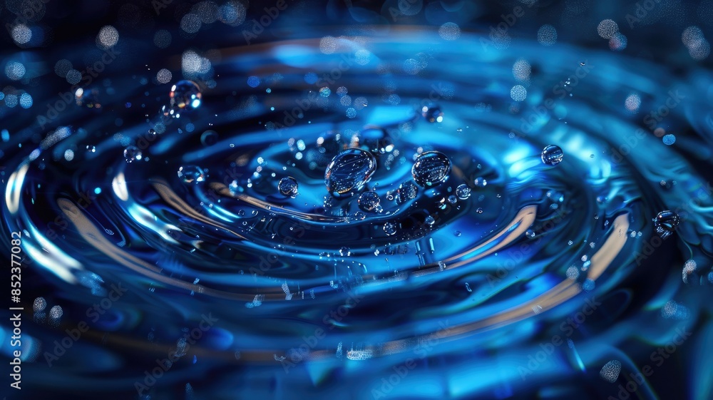 Poster a closeup of a water drop creating ripples on a calm blue surface in slow motion is captured in this