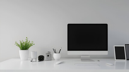 Desktop computer mockup with a blank screen in a studio workspace,
Computer monitor bright classic interior sketch

