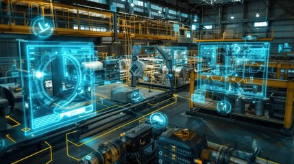 Team of Engineers and Professionals Workers in Heavy Industry Manufacturing Factory that is Digitalized with Graphics into Digital Twin of Industry