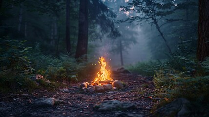 Serene campfire at dusk in a forest clearing, evoking the peacefulness of camping and the joy of outdoor relaxation - Powered by Adobe