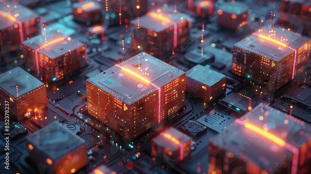 Poster the image is a circuit board with glowing orange and blue cubes. the cubes are arranged in a grid pa