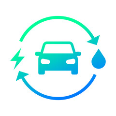 Plug-in hybrid electric vehicles icon (PHEV car), with recycling rotation arrow, Half section part of electric energy and fuel engine renewable loop, Vector illustration