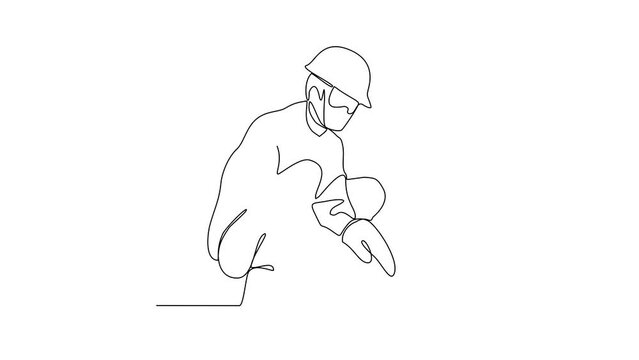 Animated self drawing of a welder using welding machine in the construction project video design illustration. Welder activity in simple linear style design concept. Worker in construction project.