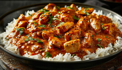 a plate of chicken tikka masala with rice. on a dark background