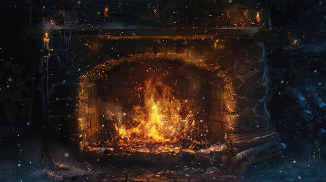A flame blazes within a hearth