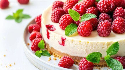 Cheesecake topped with fresh raspberries and mint leaves on a white backdrop