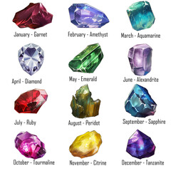 Calendar with gemstones for each month birthstones