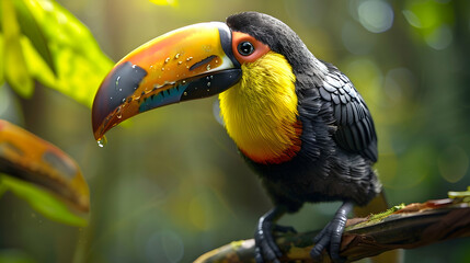 Colorful Toucan with Large Beak on Branch in Jungle Realistic Image
