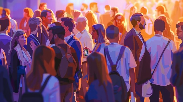 A diverse group of individuals standing in a crowded conference hall, engaged in conversations and networking during an event hyper realistic 