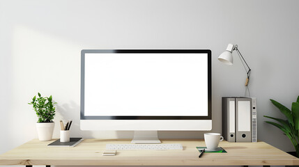 Comfortable office room with blank screen laptop computer,
Front view of blank screen computer with keyboard lamp picture frame and books on white table


