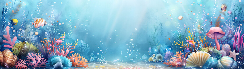 Fototapeta premium Colorful underwater scene with coral reefs and fish.