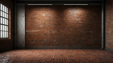 Red brick background in an abandoned warehouse for product showcase
