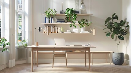 Bright and airy home office with wooden desk, open shelving, and indoor plants, featuring a minimalist design and natural light from large windows.