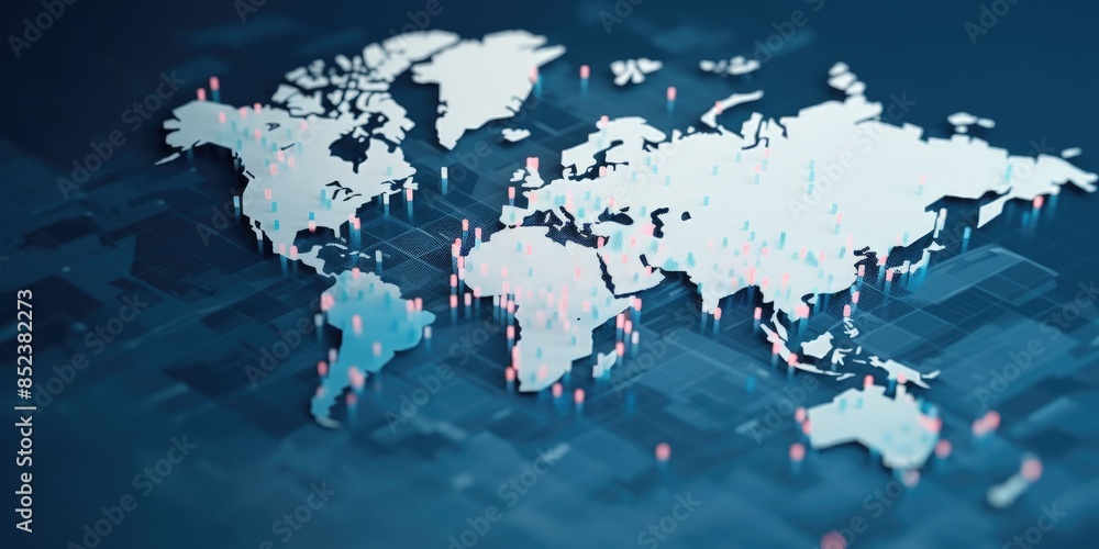 Poster digital world map with glowing cyber data points on dark blue background. global connectivity and in