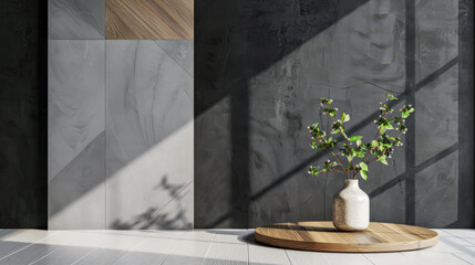 Minimalist room with minimal arrangements, wooden panels and copy space in grey contrasting colors. Residential Real Estate interior design composition for ads