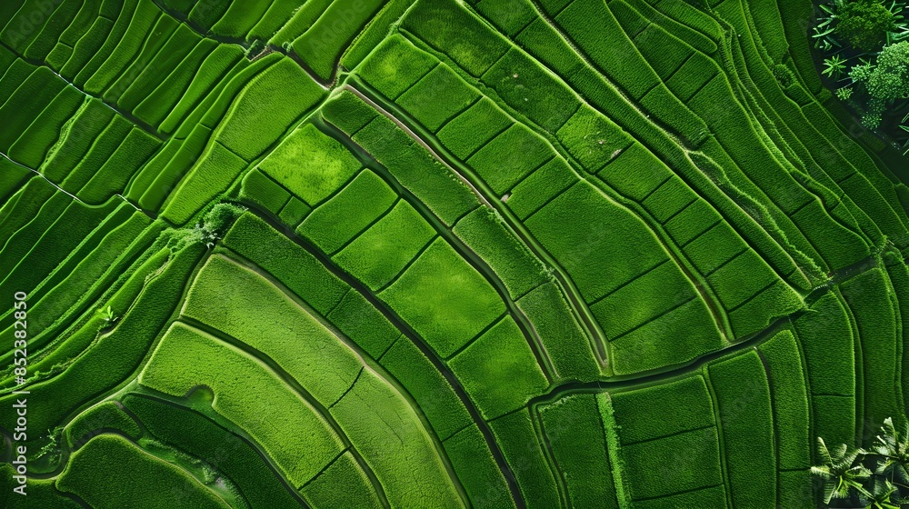 Poster aerial view of lush green agricultural fields with symmetrical grid pattern