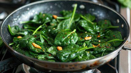 A pan of spinach is cooking on a stove