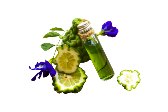 herbal oils extract kaffir lime aromatherapy for health care arrangement flat lay style