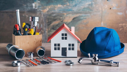 A desk displaying plumbing components and tools alongside a model house, a pipe wrench, a faucet, and a blue hat, representing a plumbing shop and services for technical assistance, supply