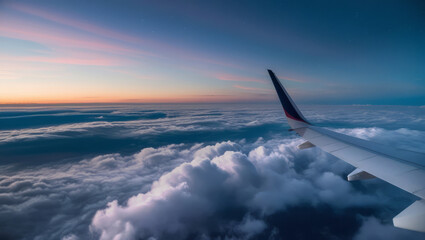 Fototapeta premium Morning view from the window of an airplane flying at an altitude of over 40,000 feet.