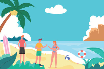 summer illustration of young people partying on the beach, with the concept of a summer festival. suitable banner, flyer, poster, background