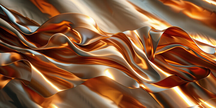 A close-up shot of metallic fabric draped in soft, flowing folds, illuminated by warm, natural light