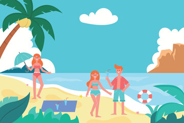 summer illustration of young people partying on the beach, with the concept of a summer festival. suitable banner, flyer, poster, background
