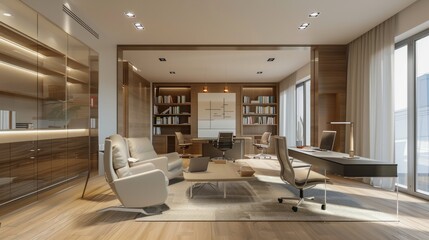 Beige open space office interior with bookcase hyper realistic 