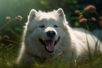 Obraz premium Portrait of a cute Alaskan Malamute puppy and a white dog on green grass