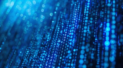 Blue digital binary data on computer screen background hyper realistic 