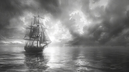 Obraz premium A large ship sails in the ocean with a cloudy sky in the background