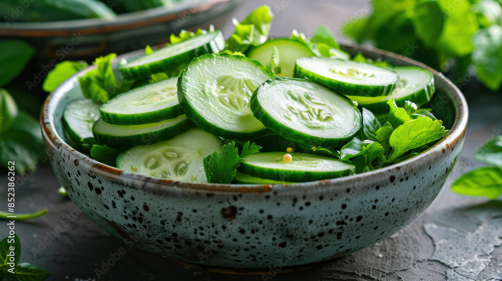 Canvas Prints a bowl of cucumbers and greens on a table