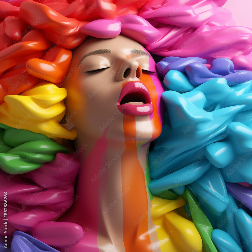 Poster exuberant expression with a burst of rainbow colors flowing over a serene face