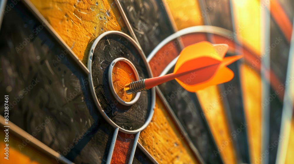 Poster dart in the middle of a bullseye reaching the target with good aim , success concept image hyper rea