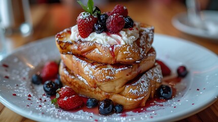 A thicked French toast with berries and cream on top blueberry brunch plate