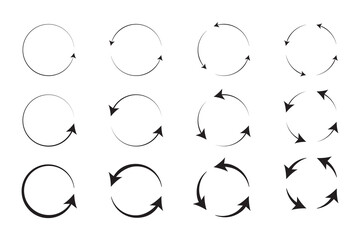 Recycle circle arrows icon set. different circular arrows of black color, different thickness in white background. Vector illustration. Stock image. 