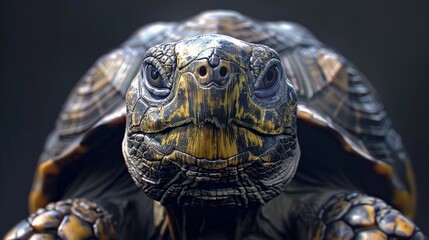 Obraz premium Direct frontal view of a tortoise with detailed shell patterns and focused eyes. hyper realistic 