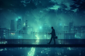 Fototapeta premium Businessman confidently walking across bridge above a cityscape