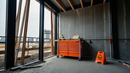 Obraz premium Quiet construction site with neatly organized tools and a yellow bucket