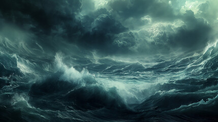 Fototapeta premium A stormy sea with dark clouds and towering waves, representing the danger of rough waters. 