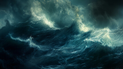 Fototapeta premium A stormy sea with dark clouds and towering waves, representing the danger of rough waters. 