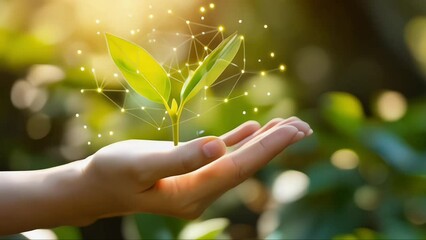 Hands holding seedlings, Modern agriculture with technology concept