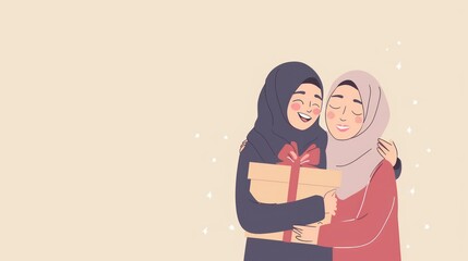 Obraz premium Loving adult daughter in hijab is giving a gift box to her mother