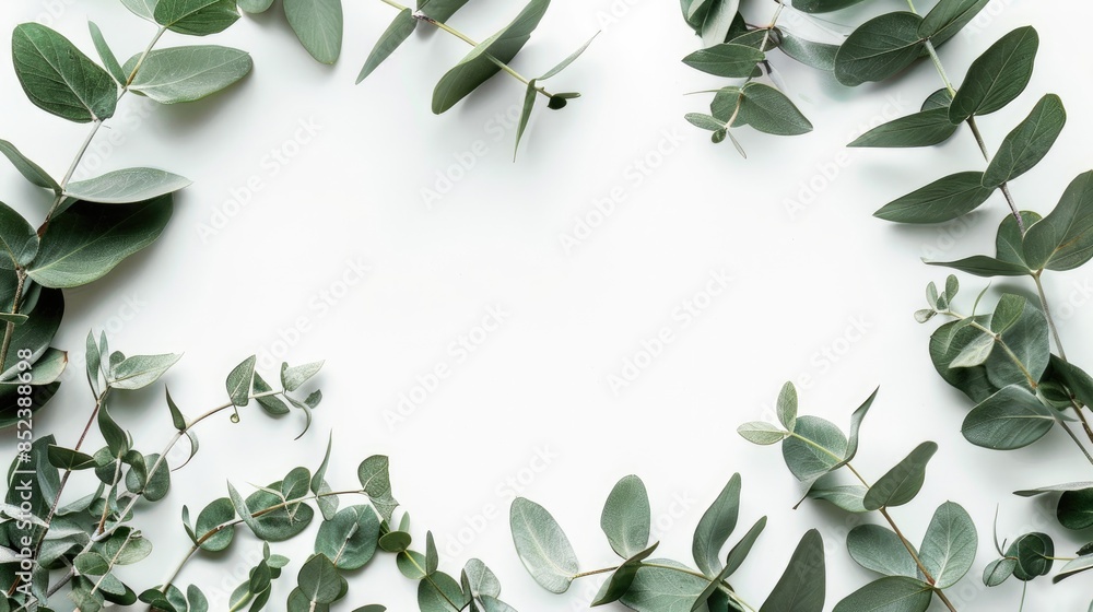 Poster eucalyptus leaves creating a border with empty space on white backdrop