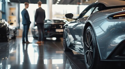 Elegant luxury car agent engaging with clients in a sophisticated auto dealership environment, emphasizing top-tier car sales expertise hyper realistic 