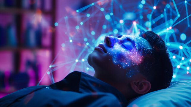 A person holds his head with digital data flowing through him, representing the impact of AI on human mental health, frequency therapy, futuristic environments.
