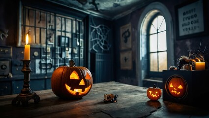 Halloweenthemed escape room with a glowing pumpkin, skulls, and puzzles, evoking a spooky atmosphere