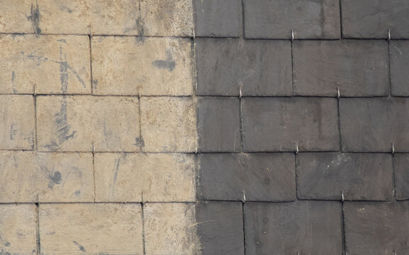 Dirty slate roof tiles dirt requiring cleaning before and after industrial washer jet