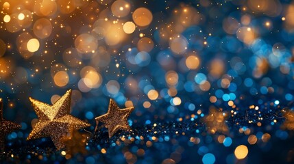 Golden stars backdrop bokeh festive holidays christmas new years blue sparkle decoration detail wallpaper banner hyper realistic 